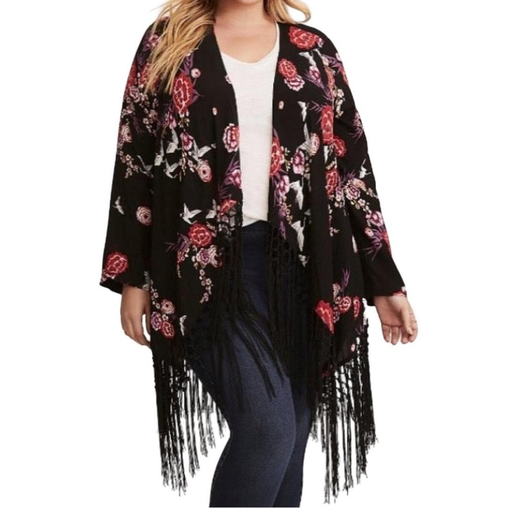 Torrid Black Floral Crane Print Fringe Draped Kimono Cardigan NWT